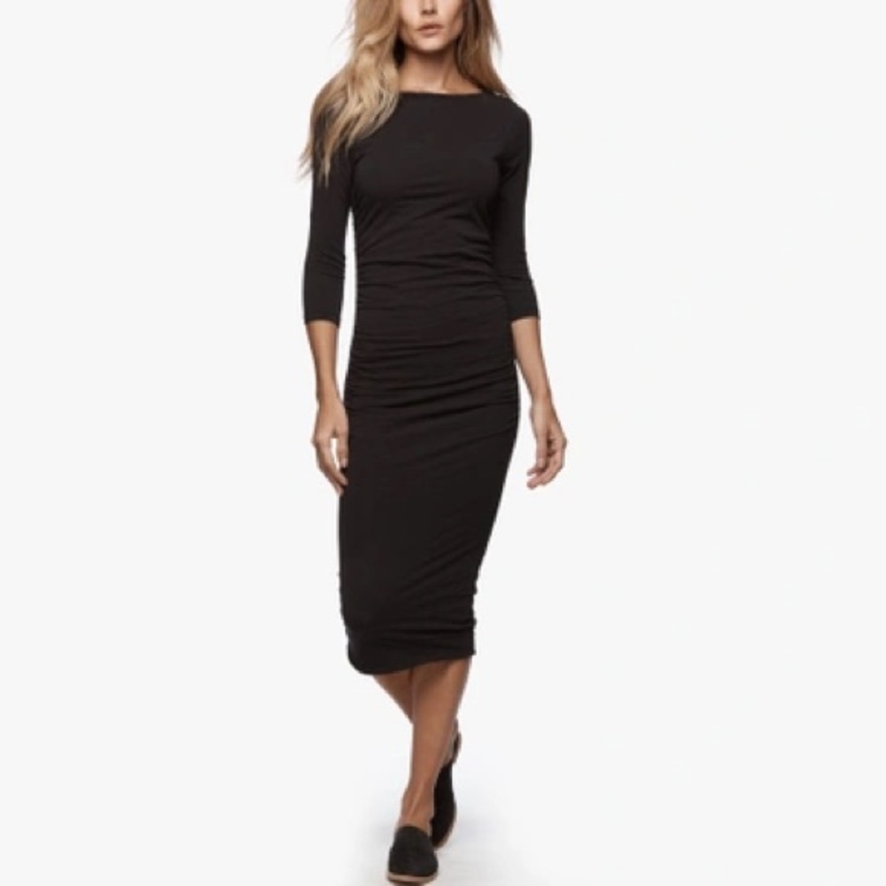 James Perse Bodycon Midi Dress Shirred Boat Neck Black Party Event Vamp Sexy S